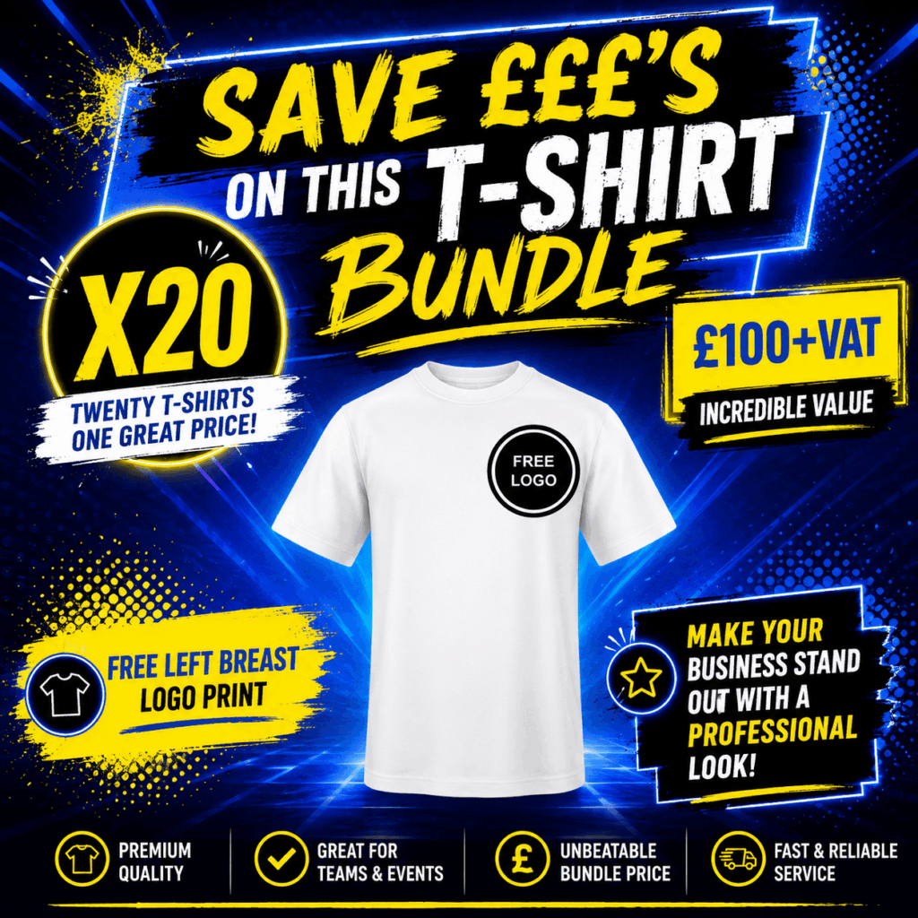 Twenty assorted branded T-shirts arranged in a grid