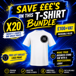 Twenty assorted branded T-shirts arranged in a grid