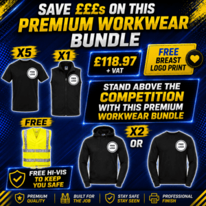 Premium workwear bundle with T-shirts, gilet, hoodies and hi-vis vest