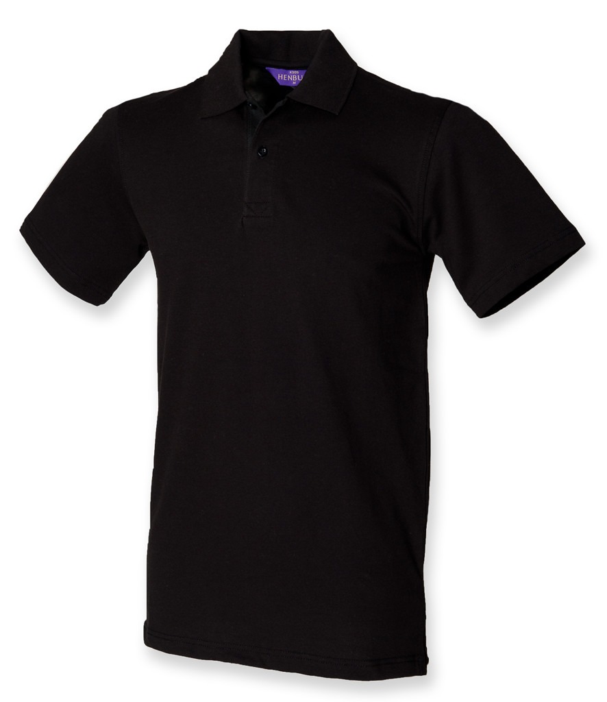 H305 Henbury Unisex Stretch Cotton Piqué Polo Shirt in Black, front view